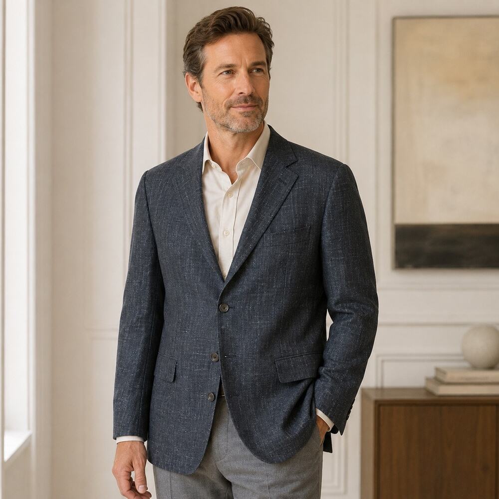Tallia Uomo Men’s Blazer 44L Silk Linen Wool Blend Blue Gray Sport Coat Jacket